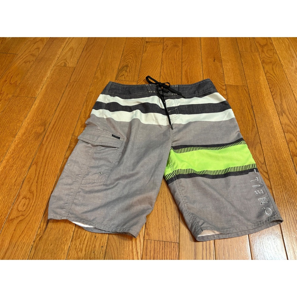 O'Neill Boys Board Shorts Grey Neon Green Striped Swim Trunks Cargo Pocket Sz 30